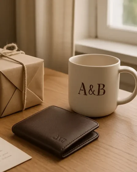 Presente para namorado personalizado: quando o detalhe faz toda a diferença Carteira de couro com iniciais gravadas sobre mesa de madeira ao lado de caneca branca personalizada e presente embalado com corda