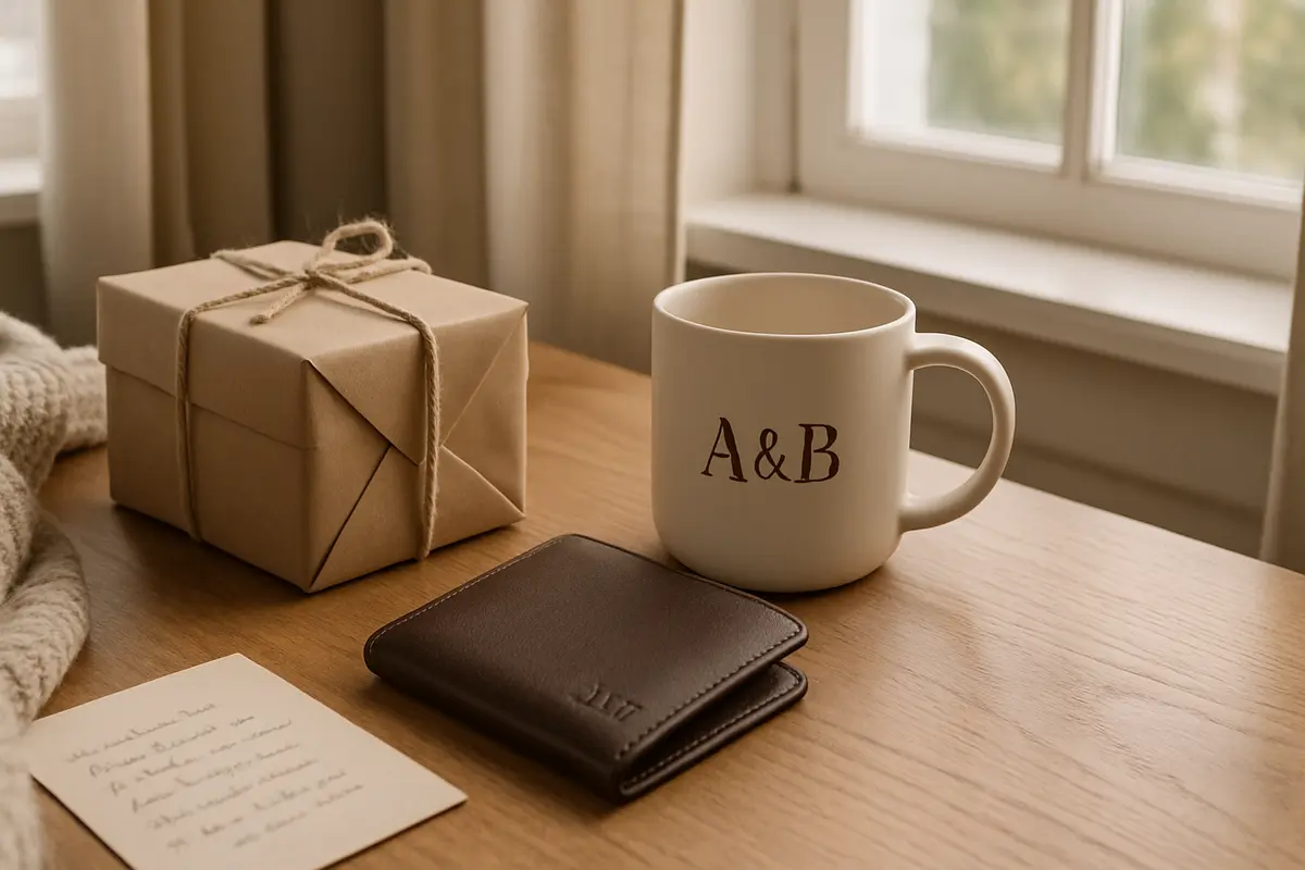 Presente para namorado personalizado: quando o detalhe faz toda a diferença Carteira de couro com iniciais gravadas sobre mesa de madeira ao lado de caneca branca personalizada e presente embalado com corda