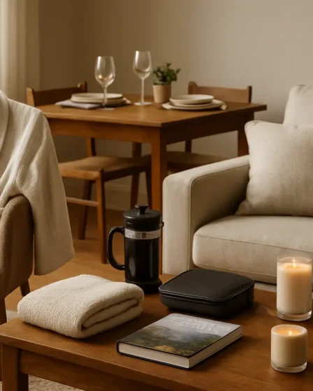 Presente para namorado caseiro: ideias aconchegantes e cheias de carinho Sala de estar aconchegante com roupao sobre cadeira e pantufas ao lado de manta e travesseiro de leitura acomodados em sofa, incluindo mesa de centro com prensa francesa, organizador e livro, iluminacao natural e ambiente tranquilo