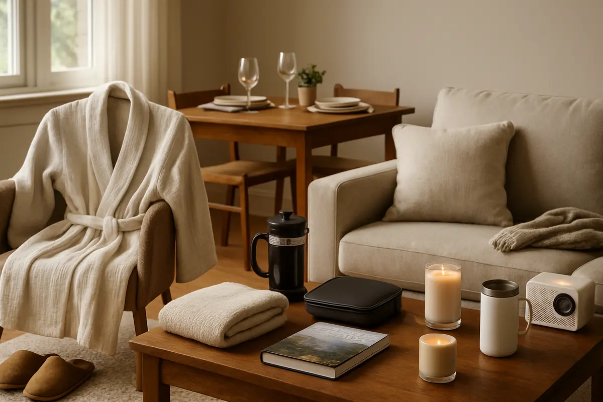 Presente para namorado caseiro: ideias aconchegantes e cheias de carinho Sala de estar aconchegante com roupao sobre cadeira e pantufas ao lado de manta e travesseiro de leitura acomodados em sofa, incluindo mesa de centro com prensa francesa, organizador e livro, iluminacao natural e ambiente tranquilo