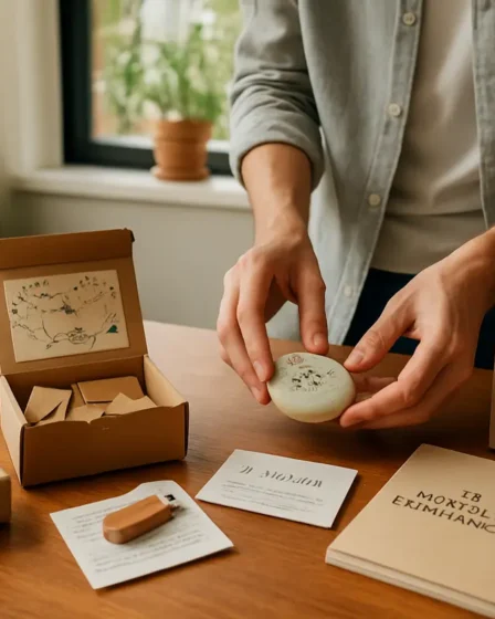 Presente para namorado diferente: ideias fora do padrão que surpreendem Mesa de madeira com presentes criativos para namorado diferente incluindo caixa de aventuras, peça de cerâmica, pen drive de playlist e cartão escrito à mão