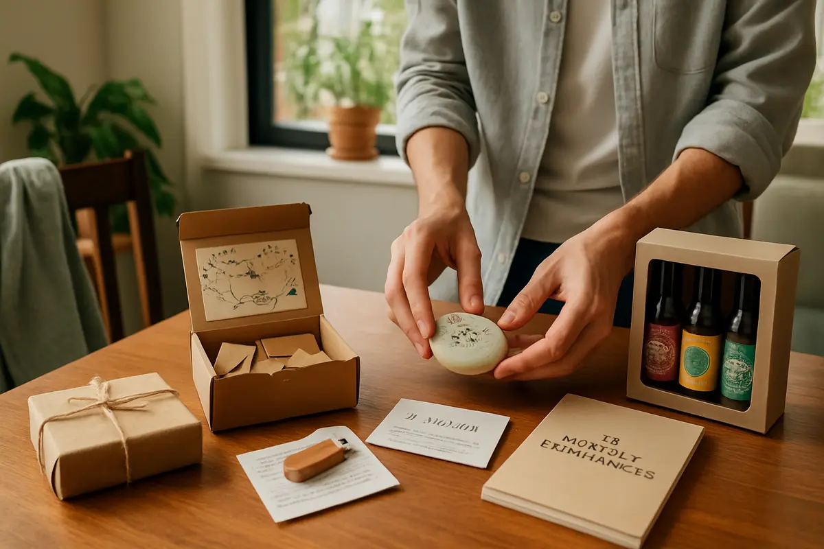 Presente para namorado diferente: ideias fora do padrão que surpreendem Mesa de madeira com presentes criativos para namorado diferente incluindo caixa de aventuras, peça de cerâmica, pen drive de playlist e cartão escrito à mão