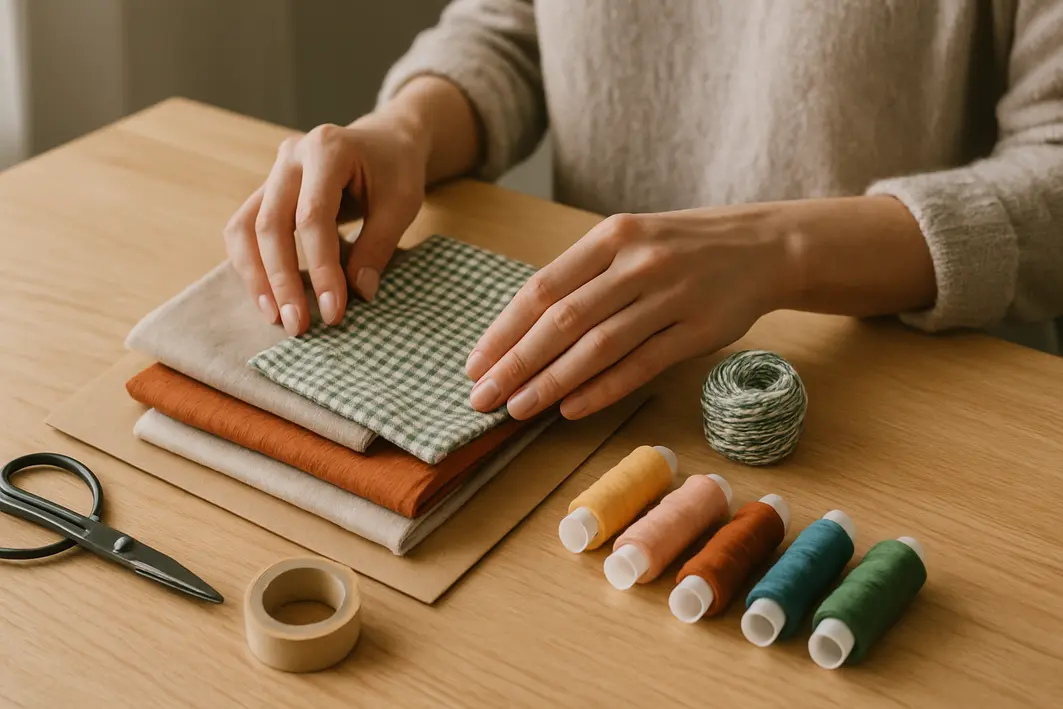 Presente para namorado feito à mão: ideias simples com valor emocional Mãos femininas organizando materiais artesanais como tecido, linha e papel sobre mesa de madeira clara