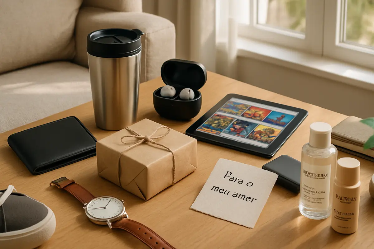 Presente para namorado jovem: ideias atuais que combinam com a idade Mesa de madeira com conjunto de presentes para namorado jovem incluindo carteira sintética, caneca térmica inox, fones de ouvido sem fio, relógio casual com pulseira de couro, caixinha embrulhada em papel kraft e bilhete manuscrito ao lado de sofá em ambiente iluminado naturalmente