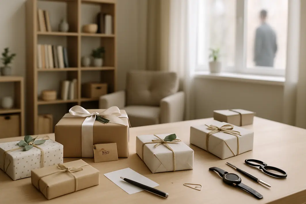 Presente para namorado personalizado: quando o detalhe faz toda a diferença Mesa de madeira clara com embalagens de presente delicadas e objetos pessoais masculinos em ambiente interno moderno