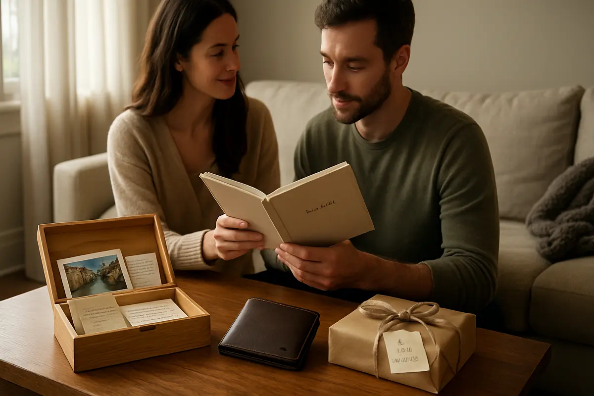 Presente para namorado que já tem tudo: como acertar mesmo assim Casal trocando presente simbólico em sala moderna iluminada por janela ampla