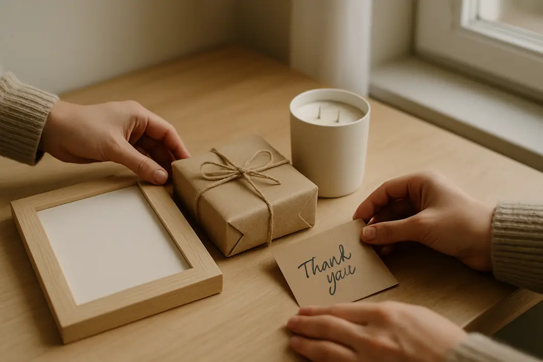 Presente para namorado romântico: ideias simples que dizem muito Mãos femininas organizando pequenos presentes sobre mesa de madeira clara