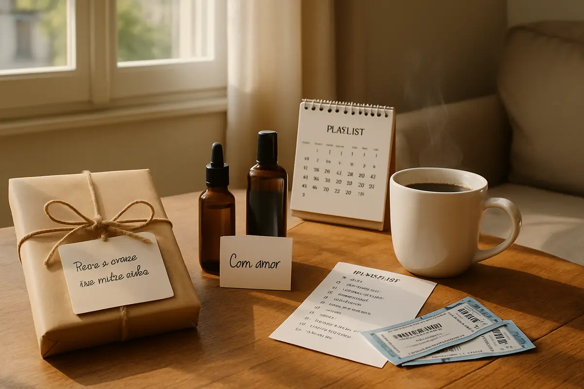 Presente para namorado romântico: ideias simples que dizem muito Mesa de madeira com presentes românticos como livro com dedicatória, kit de cuidados masculinos e ingressos para show em ambiente iluminado por luz natural