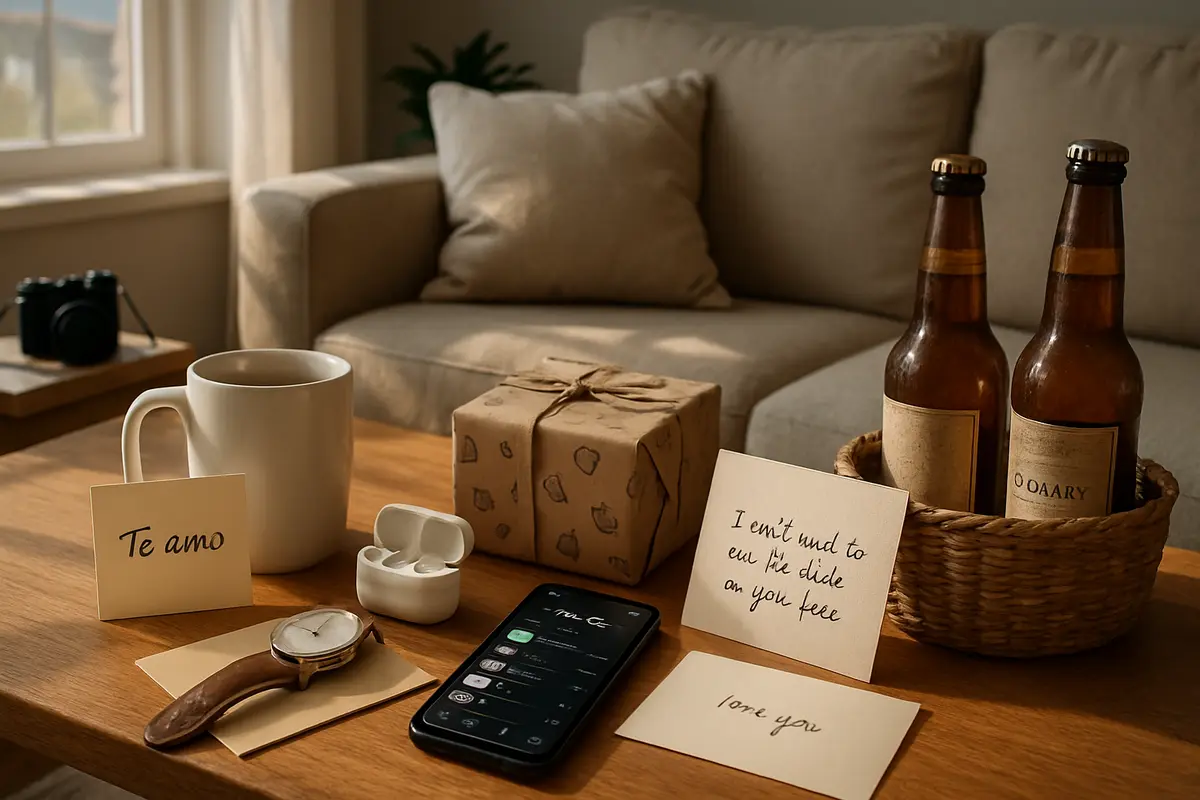 Presente para namorado surpresa: ideias que emocionam sem aviso prévio Sala de estar aconchegante com mesa de centro cheia de presentes surpresa para namorado incluindo caneca personalizada, caixa embrulhada e relógio casual