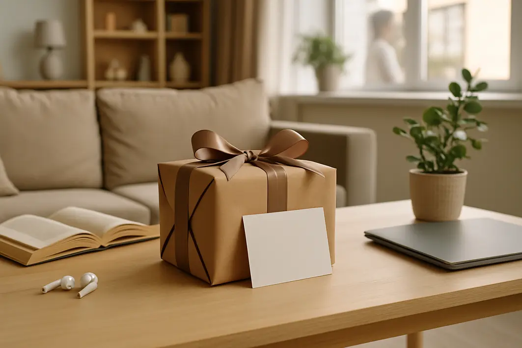 Presente para namorado surpresa: ideias que emocionam sem aviso prévio Sala de estar moderna com mesa de madeira clara contendo presente embalado com fita e cartão ao centro
