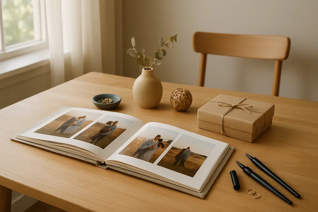 Ideias de presente personalizado para namorado que marcam momentos Mesa de madeira clara com álbum de fotos aberto, caixa de presente artesanal com laço, canetas de caligrafia e pequenos objetos decorativos em ambiente doméstico moderno