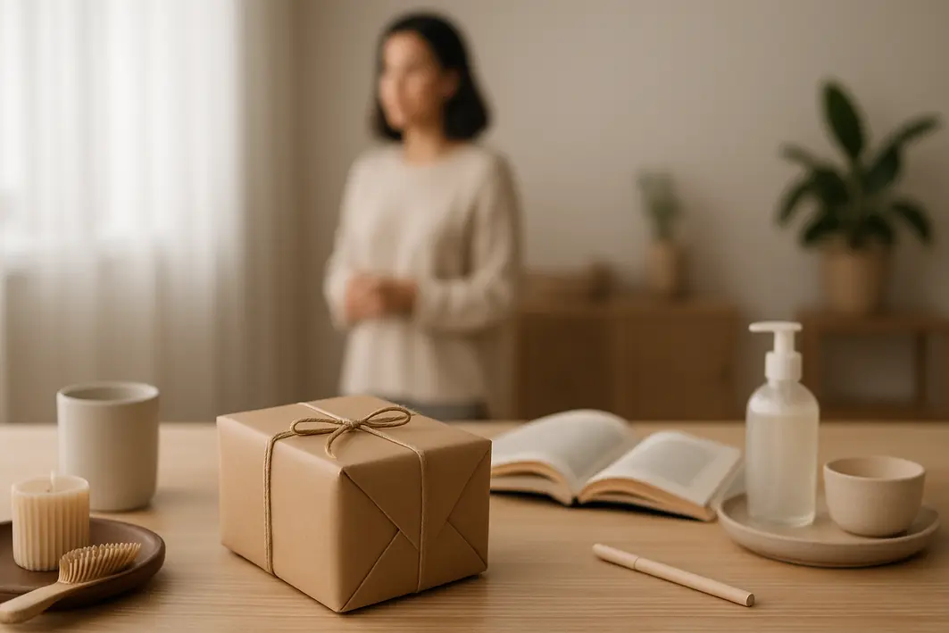 Ideias de presente simples para namorado que funcionam de verdade Mesa de madeira clara com embalagem de presente simples e acessórios neutros em ambiente interno moderno e acolhedor