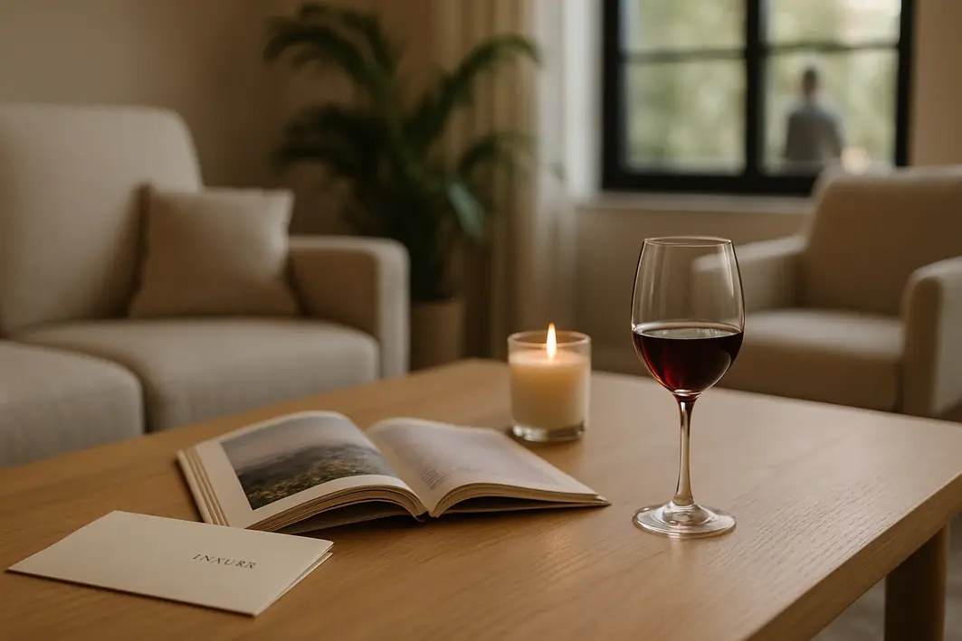 Presente para homem que já tem tudo — segredo está na escolha Mesa de madeira clara com convite elegante semiaberto, taça de vinho meio cheia, livro aberto sobre viagens e vela aromática acesa em sala de estar moderna com plantas e poltronas ao fundo