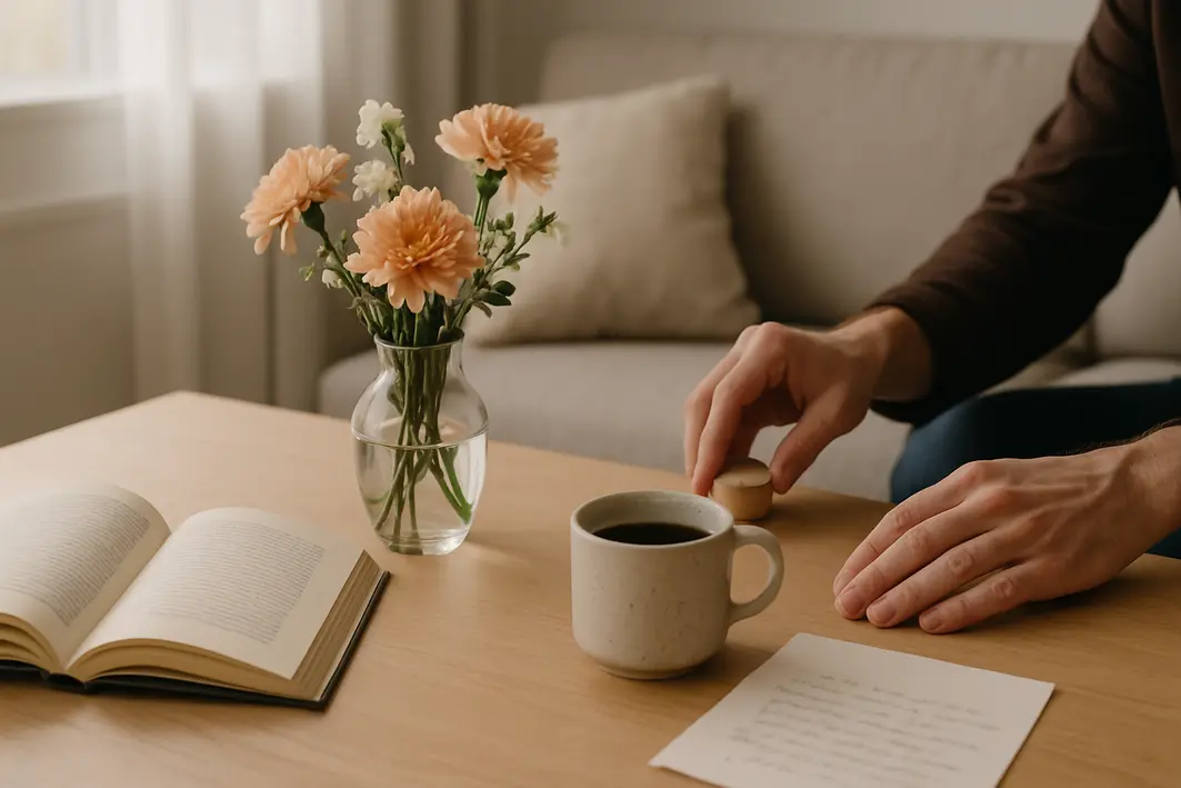 Presente para homem romântico: escolhas certeiras sem exagerar Mesa de madeira clara com livro aberto, vaso com flores frescas, xícara de café artesanal e carta manuscrita com mão masculina ajustando objeto