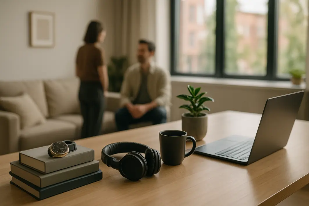 Ideias de presente para namorado organizadas por estilo Mesa de madeira clara com presentes masculinos diversos como relógio, fone, planta e notebook em ambiente interno moderno com sofá e parede minimalista
