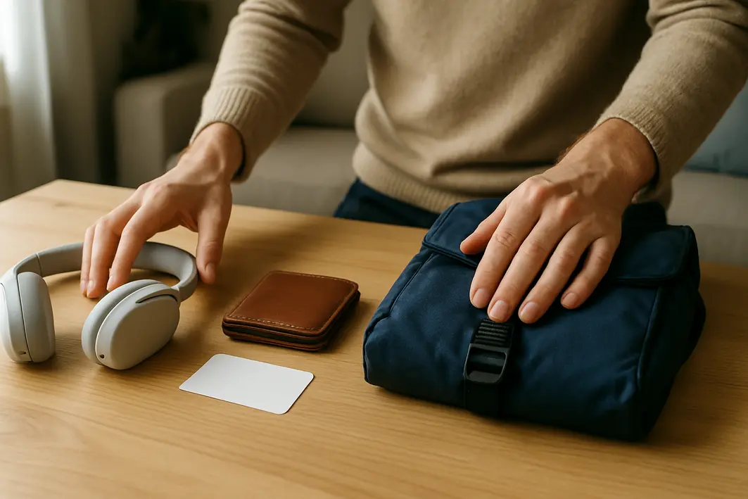 Presente para namorado de aniversário: ideias certeiras para não errar Mãos organizando fones de ouvido, carteira de couro, mochila e cartão sobre mesa clara