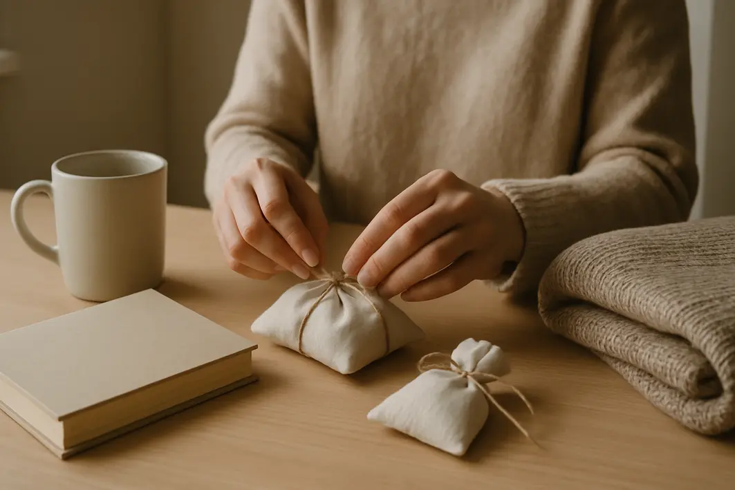 Presente para namorado caseiro: ideias aconchegantes e cheias de carinho Mãos organizando caneca, livro, cobertor e sachê aromático sobre mesa de madeira clara
