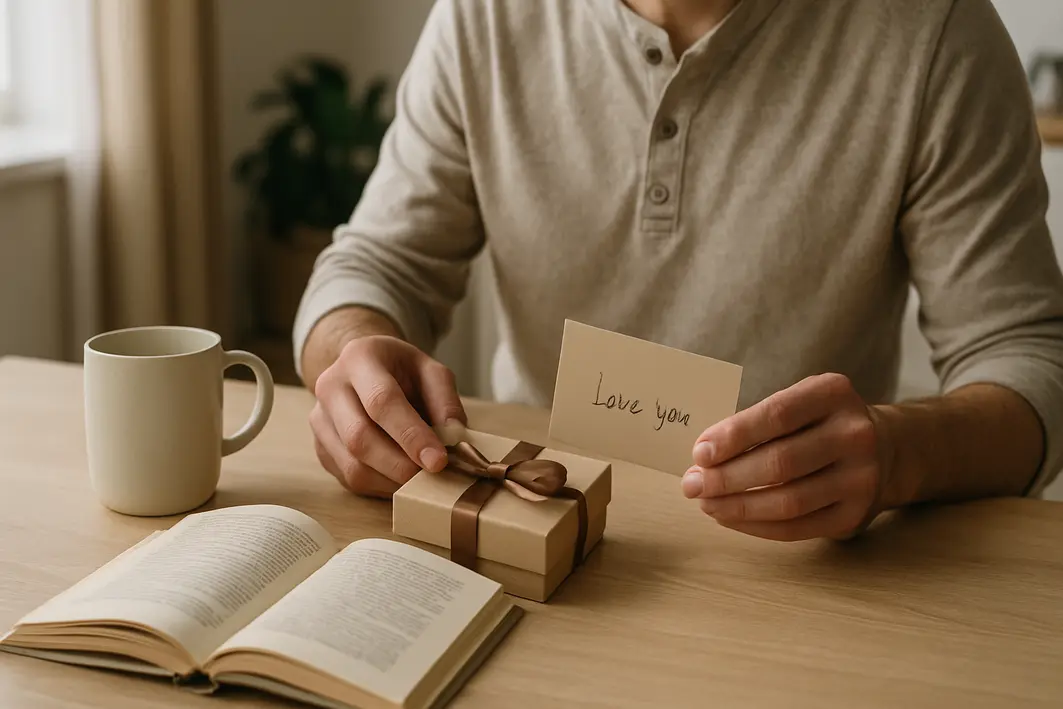 Presente para homem romântico: escolhas certeiras sem exagerar Mãos organizando cartão manuscrito, caneca, livro aberto e caixa de presente sobre mesa de madeira clara