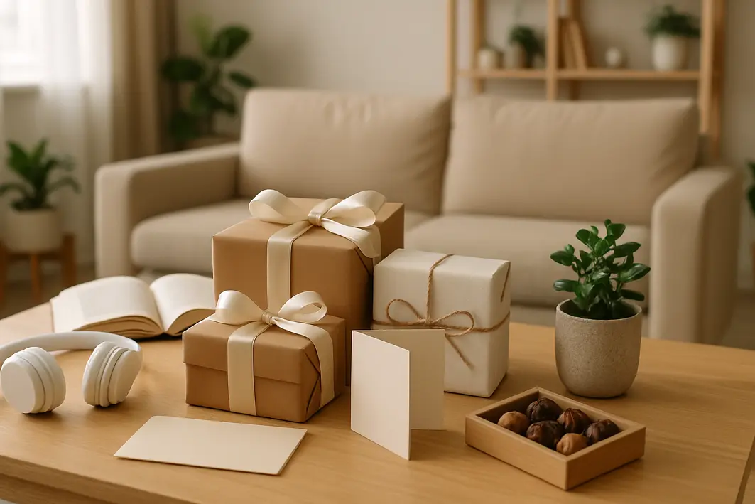 O que dar de presente para namorado: guia completo para não errar Mesa de madeira clara com presentes embrulhados e cartão delicado ao lado em sala de estar moderna