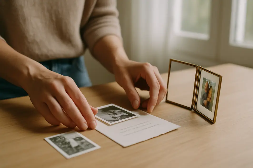 Ideias de presente personalizado para namorado que marcam momentos Mãos femininas organizando fotos e anotações sobre madeira clara