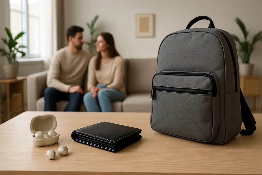 Presente para namorado de aniversário: ideias certeiras para não errar Mesa de madeira clara com carteira elegante, fones de ouvido discretos e mochila estilosa em sala moderna com casal desfocado ao fundo