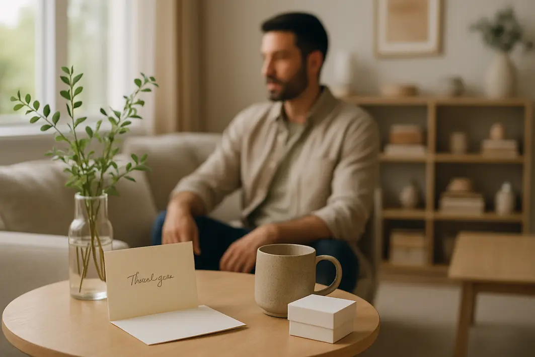 Ideias de presente diferente para namorado que fogem do comum Sala de estar moderna com mesa lateral contendo caixa de presente elegante, caneca artesanal, cartão manuscrito e plantas verdes, ao fundo silhueta masculina desfocada