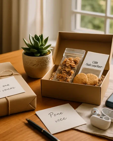 Sugestão de presente criativo para sair do comum sem exagerar Mesa de madeira com sugestões criativas de presente incluindo livro com dedicatória, suculenta em vaso, caixa de snacks artesanais, power bank e fones sem fio