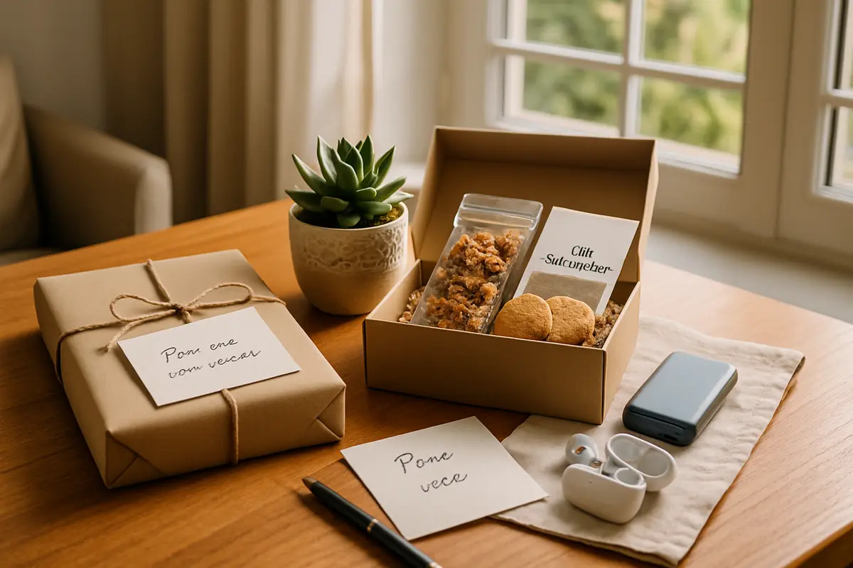 Sugestão de presente criativo para sair do comum sem exagerar Mesa de madeira com sugestões criativas de presente incluindo livro com dedicatória, suculenta em vaso, caixa de snacks artesanais, power bank e fones sem fio