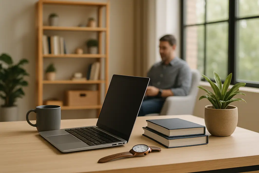 Sugestão de presente para homem em diferentes perfis Ambiente interno moderno de sala de estar com mesa organizada contendo notebook aberto, caneca minimalista, relógio analógico clássico, livros empilhados e planta em vaso, com estante de madeira clara ao fundo e pessoa desfocada