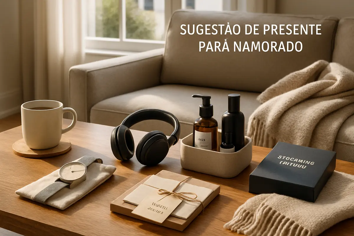 Sugestão de presente para namorado em qualquer ocasião Mesa de madeira com relógio casual, fones de ouvido, kit de cuidados pessoais, cartão-presente e manta de cashmere em sala moderna iluminada por luz natural