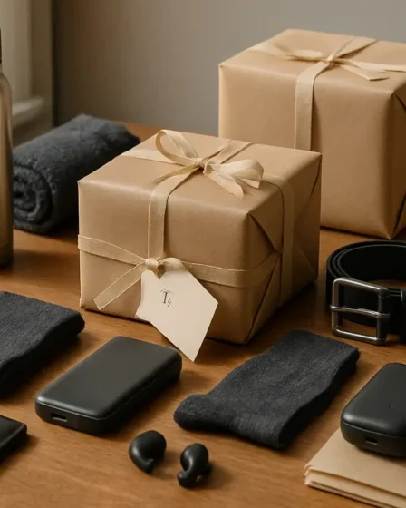 Sugestão de presente para homem em diferentes perfis Mesa com presentes variados para homens incluindo carteira de couro, fones bluetooth, garrafa termica e acessorios esportivos