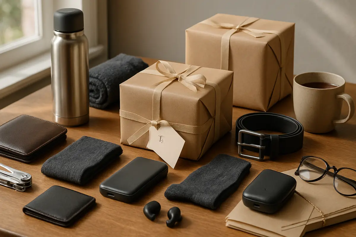Sugestão de presente para homem em diferentes perfis Mesa com presentes variados para homens incluindo carteira de couro, fones bluetooth, garrafa termica e acessorios esportivos