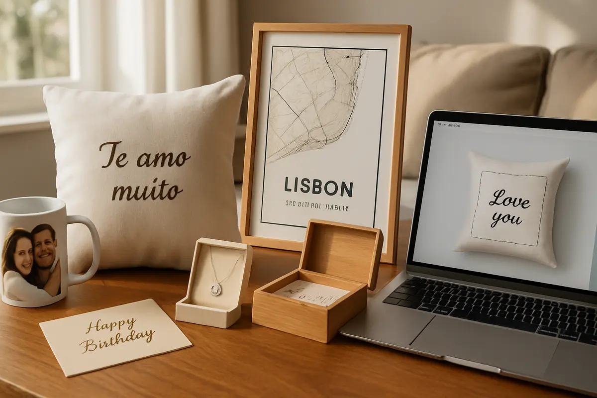 Sugestão de presente personalizado que não parece genérico Mesa de madeira com itens personalizados como caneca, almofada bordada, colar com pingente e quadro mapa