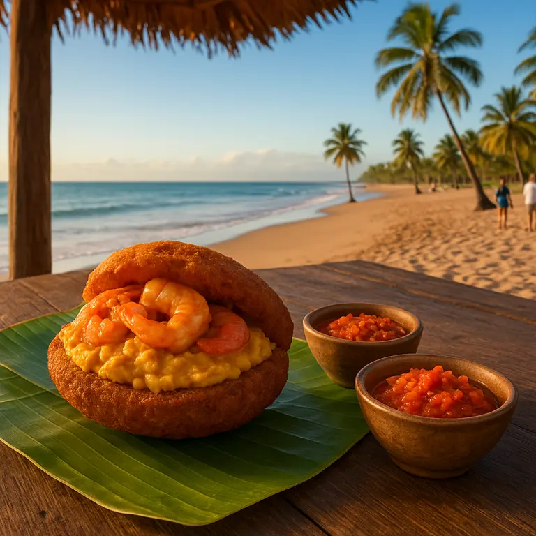 Prato típico baiano com acarajé e moqueca servidos em mesa rústica