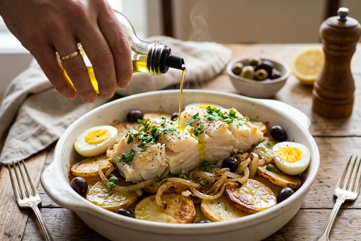 Bacalhau à Gomes de Sá com batatas ovos e azeitonas o segredo para não ressecar Bacalhau à Gomes de Sá com batatas ovos e azeitonas o segredo para não ressecar