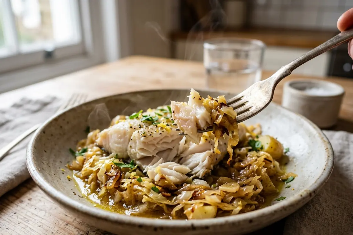 Bacalhau fake de repolho e peixe branco o segredo do repolho refogado no azeite Bacalhau fake de repolho e peixe branco o segredo do repolho refogado no azeite