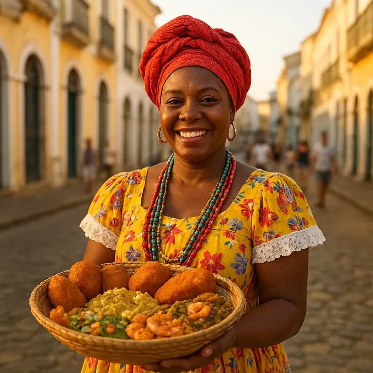 Baiana vestida com trajes tradicionais vendendo acarajé em tabuleiro na rua de Salvador com arquitetura colonial ao fundo