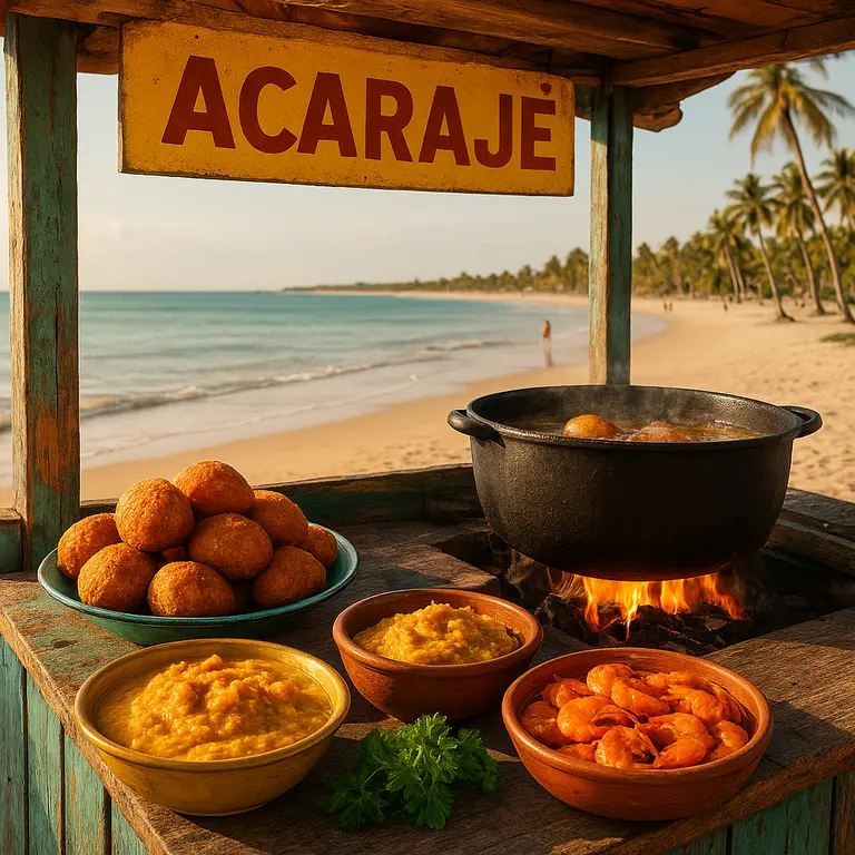 Barraca típica de acarajé à beira-mar na Bahia com cozinha rústica e panela de dendê ao fogo aberto