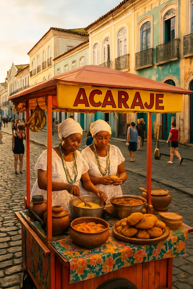 Barraca de acarajé artesanal colorida no Pelourinho com baianas vestindo trajes tradicionais preparando pratos típicos como moqueca e vatapá ao entardecer