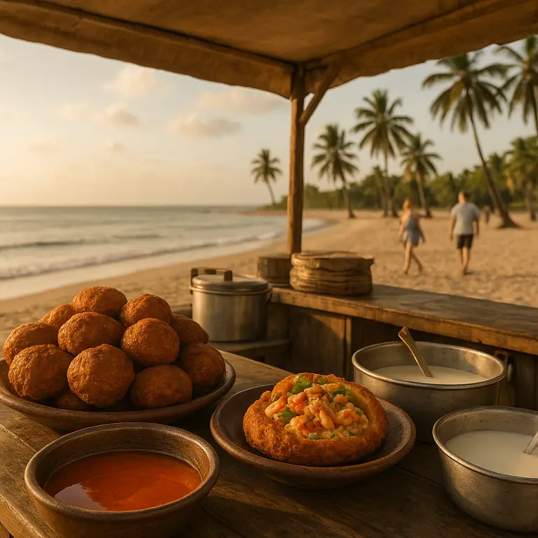 Barraca típica de acarajé à beira-mar com praia e coqueiros ao fundo