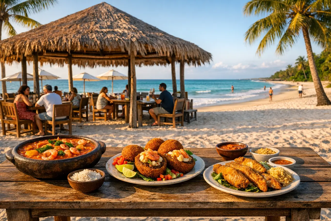 Pratos Famosos da Bahia Que Todo Viajante Deve Provar Nas Barracas Barraca típica de praia na Bahia com pratos tradicionais sobre mesa de madeira e turistas ao redor