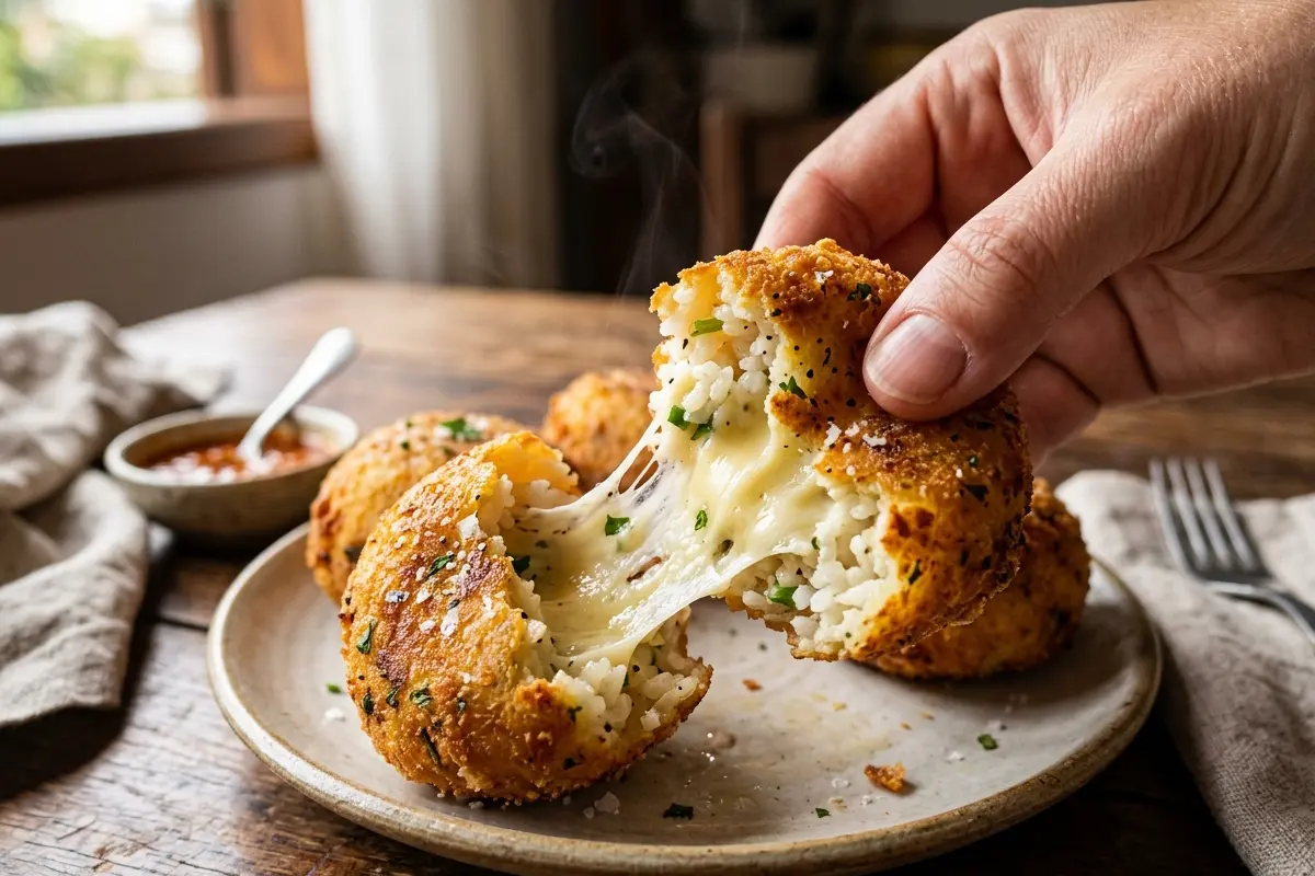 Bolinho de arroz com queijo truque do cubo no centro que derrete e não desmancha Bolinho de arroz com queijo truque do cubo no centro que derrete e não desmancha