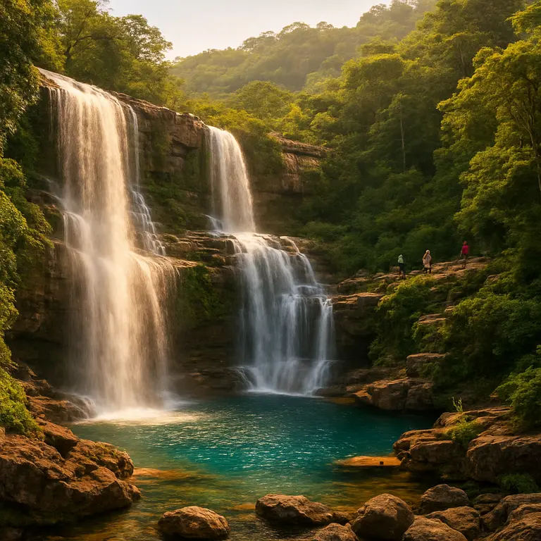 Cachoeira da Bahia com água caindo em cortinas e poços cristalinos, cercada por vegetação densa da Mata Atlântica e pedras naturais em relevo acidentado ao entardecer