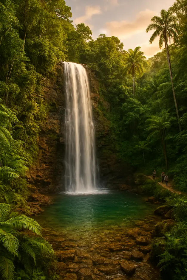 Cachoeira impressionante na Bahia com queda d’água em cortina sobre rochas, poço cristalino e vegetação tropical densa de Mata Atlântica