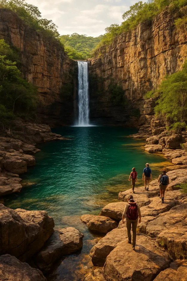 Cachoeira do Buracão em Ibicoara com poço azul cristalino rodeado por cânion rochoso e turistas caminhando nas pedras