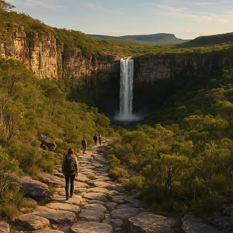 Cachoeira majestosa caindo em abismo de quartzito com trilha de pedras e turistas na Chapada Diamantina