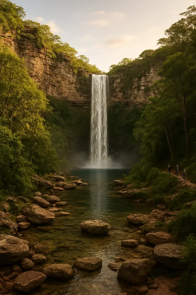 Cachoeira alta na Chapada Diamantina com queda d'água formando cortina de névoa e poço cristalino ao redor de mata atlântica