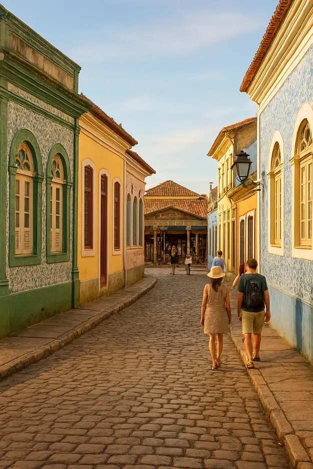 Rua de paralelepípedos em Cachoeira com casarões coloniais coloridos e azulejos portugueses originais