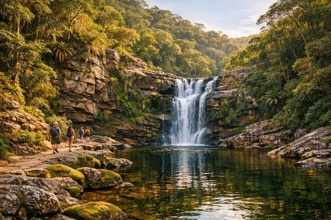 Cachoeiras Escondidas na Bahia Que Poucos Visitantes Conhecem Cachoeira escondida na Bahia com água cristalina caindo em poço cercada por vegetação tropical vibrante