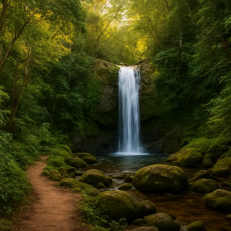Vista de cachoeira escondida em área natural da Bahia com água cristalina e vegetação verde